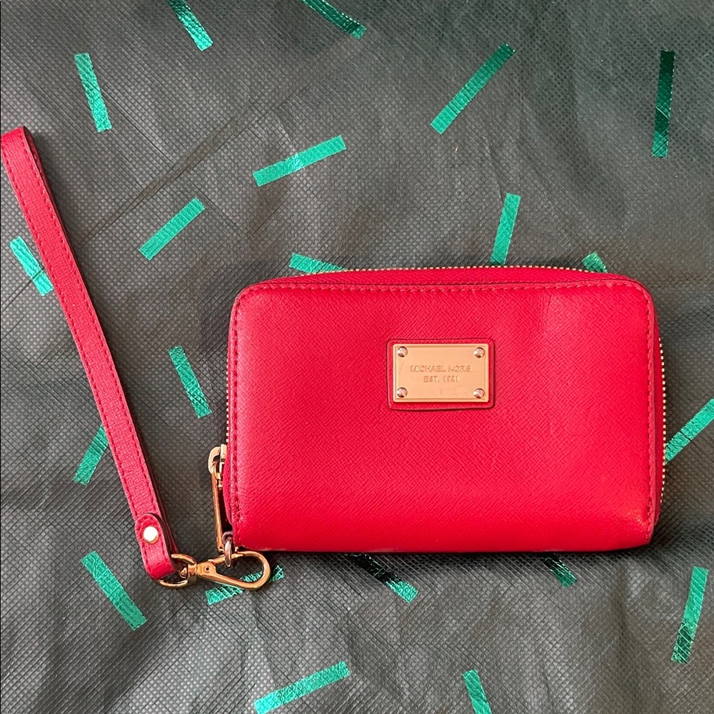 Michael Kors Red Wristlet with Gold Accents